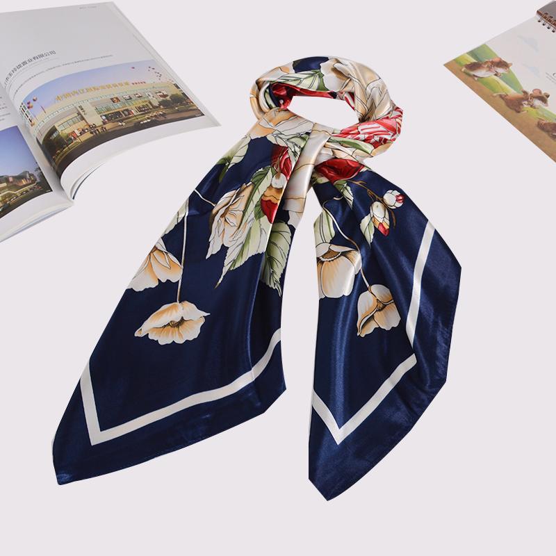 [BYSIFA] Women Silk Scarf Shawl Printed Chinese Rose Navy Blue Red Square Scarves 90*90cm Fashion Accessories Headscarves Hijabs