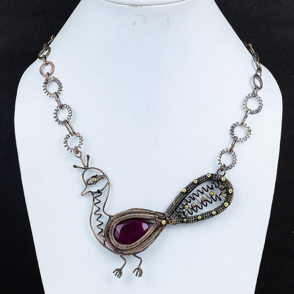 Faceted Kashmir Ruby Necklace Copper Wire Wrapped Adjustable Chain Necklace Copper Wire Jewelry Peacock Necklace Gemstone Necklace For Gifts