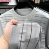 Men's Striped Round Neck Tencel Cotton Silk Short Sleeve T-shirt