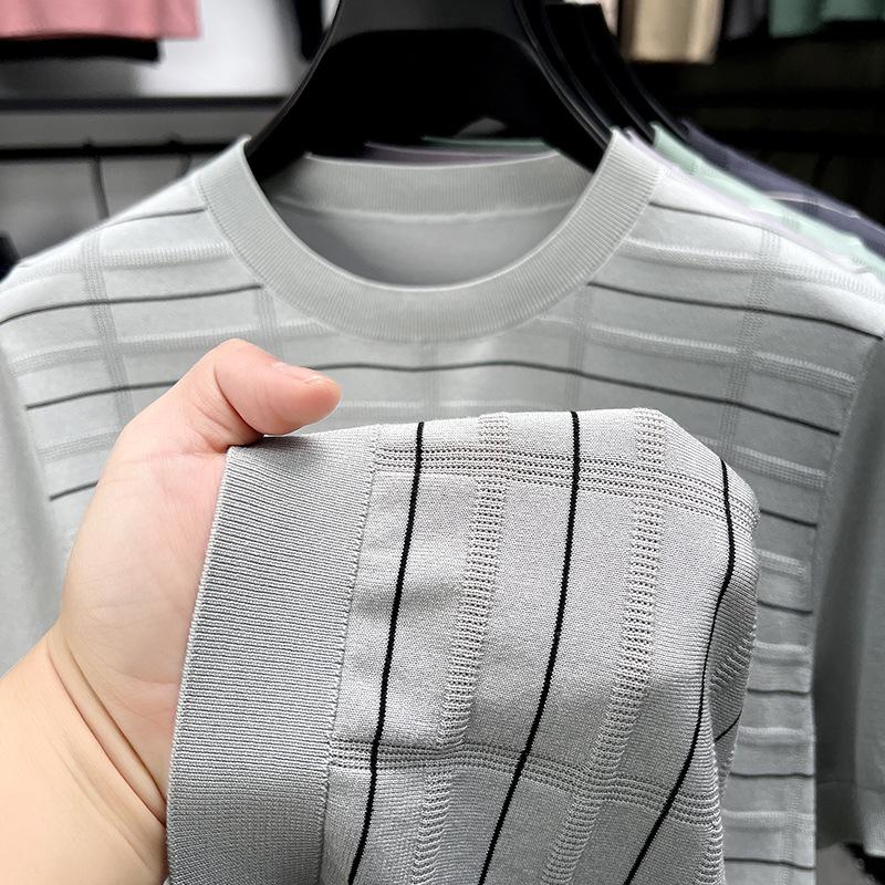 Men's Striped Round Neck Tencel Cotton Silk Short Sleeve T-shirt