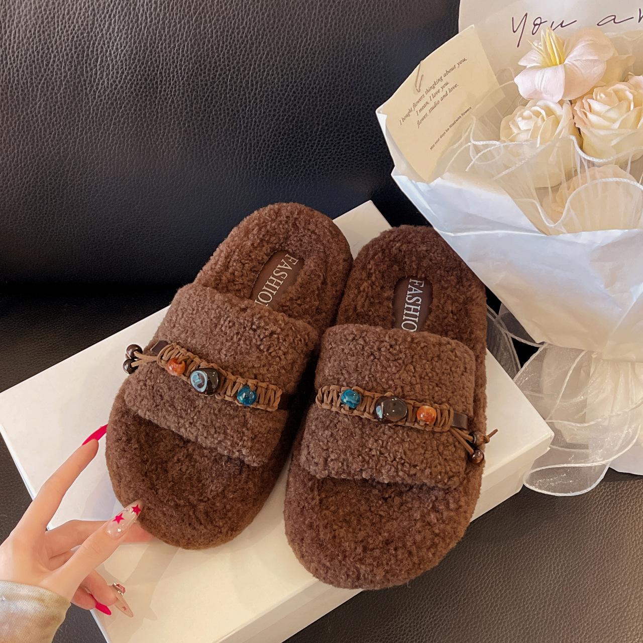 

Home lamb wool new autumn and winter cotton slippers thick-soled fluffy slippers women s wear feels warm 40 шоколадный