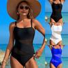 Women Solid Color Mesh Spliced One Piece Swimsuit For Hot Spring Swimming