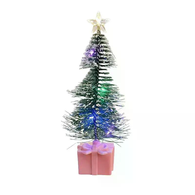 Mini Christmas Trees With LED Light Decor Tabletop Crafting DIY Christmas Gift Green Brush Trees Plastic Winter Snow Ornaments