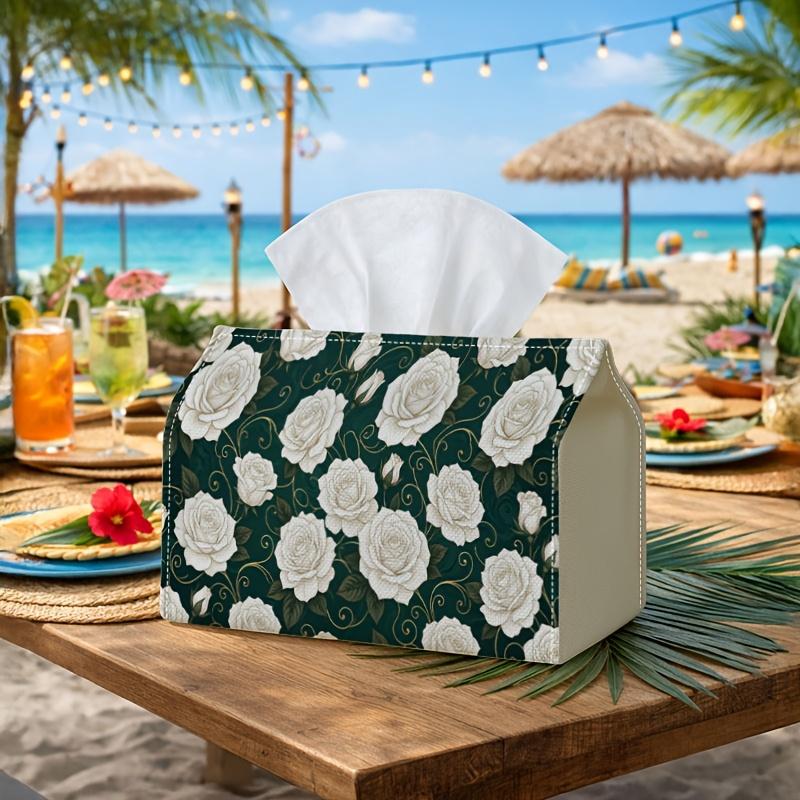 1pc White Rose Tissue Holder - A Versatile Napkin Holder Crafted from Sturdy Polyester, Adorned with Dark Green Baroque, Ideal for Living Rooms, Festi