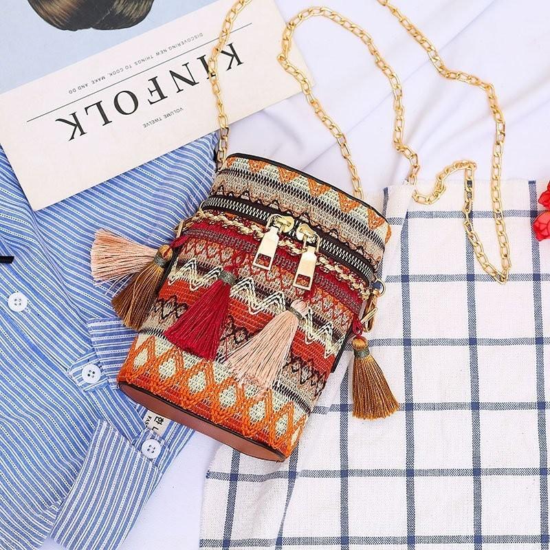 Colorful Style Ethnic Woven Texture Women Chain Cylindrical Bag With Tassel