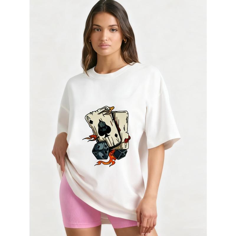 Oversized T-Shirt Black Poker Cards and Dice Flame Print Casual Streetwear Fashion Women's Top