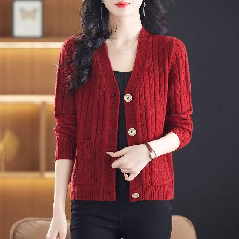Temperament Elegant Style V-neck Knitted Sweater Top Autumn and Winter Fashion Loose Twist Pocket Sweater Jacket Women