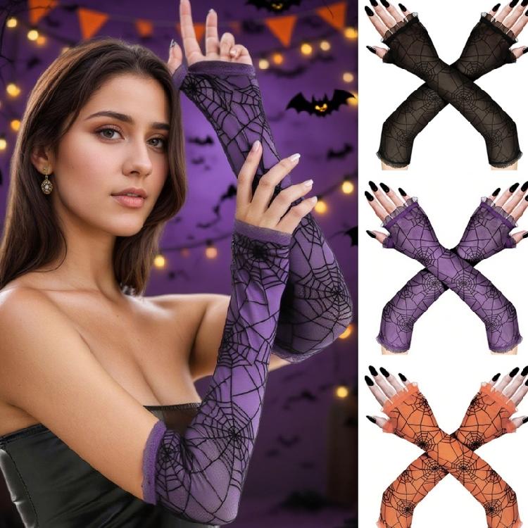 Stretchable Full Arm Gloves With Web Design Ideal Cosplay Gloves for Halloween Witch Costume Accessories
