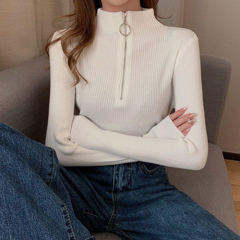 Women's Black Slim Fit Half Turtleneck Long Sleeve Zipper Shirt - 2022 Autumn New Style