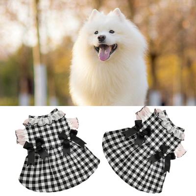 Yousheng Dog Dress Round Neck Lace Patchwork Fake Pearls Decor Plaid Print Pet Dog Cat Princess Dress Daily Wear