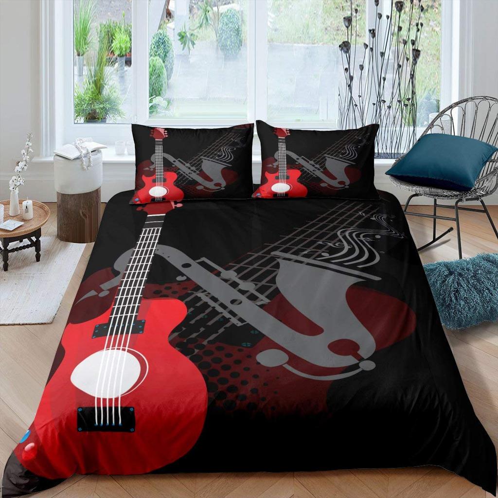 Electric Guitar King Queen Duvet Cover Stringed Instrument Bedding Set Musical Note Quilt Cover Hippie Polyester Comforter Cover