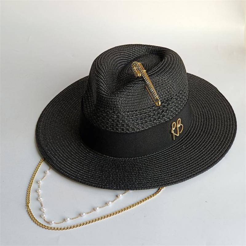 Chapeau de paille argenté Chapeau de paille Chaîne de perles DIY Chapeau de soleil à sommet plat Nouveau chapeau coréen à bande élastique Chapeau de plage Chapeau de soleil couleur bonbon 56-58cm gray