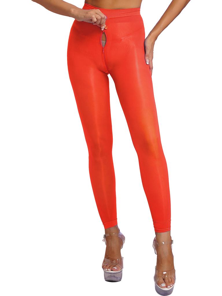 Womens Solid Color Skinny Leggings Glossy Sheer Tights Pantyhose Stretchy Zipper Crotch Tights Pants Stockings See-through