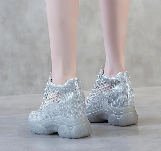 Fashion 8CM Air Mesh Synthetic Microfiber Chunky Sneakers Summer Women Shoes Platform Wedge Hidden Heels Sandals Leather Pumps Flats