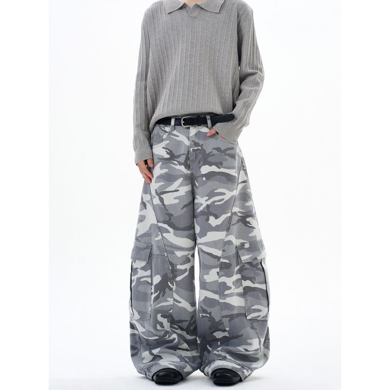 Kisko American High Street Gray and White Camouflage Washed Wide-Leg Scimitar Jeans Unisex Trendy Brand Loose Straight Pants