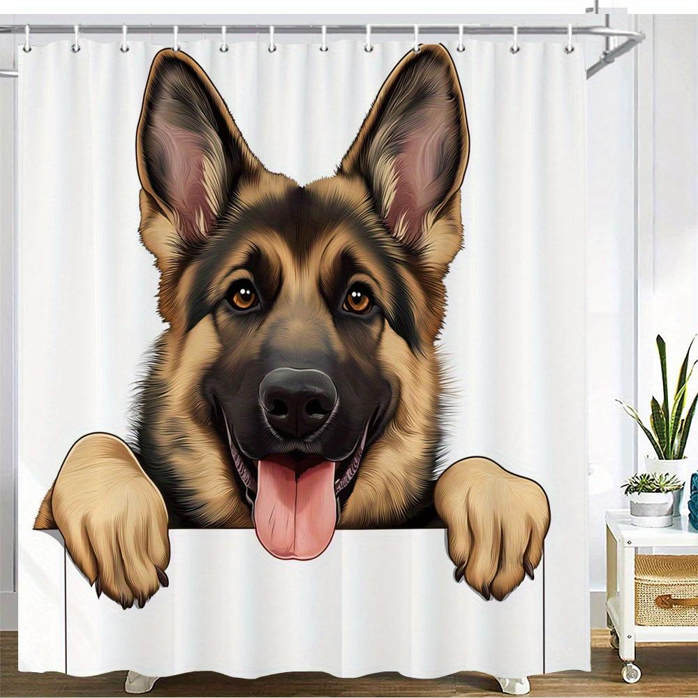 

German Shepherd Illustration Shower Curtain – Tongue-Out Pose With Paws On White Background, 12 Hooks, Waterproof Bath Decor W60H190(CM)-1 Pcs