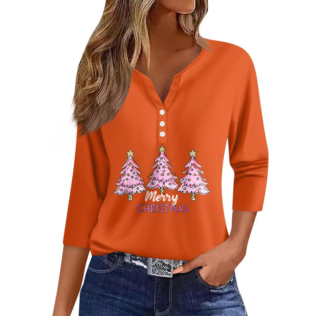 Γυναικείο μπλουζάκι μπλουζάκι με τύπωμα κουμπιού μανίκι 3/4 Καθημερινή μόδα για Σαββατοκύριακο Basic V-λαιμόκοψη κανονικό μπλουζάκι