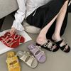 Casual and Simple Korean Version of Double-breasted One-word with Flat-bottomed Cool Slippers for Women's 2025 New Summer Embroidered Half-slippers
