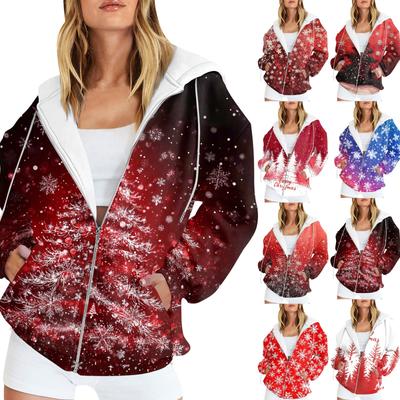 Ladies Fashion Casual Christmas Print Sweatshirt Autumn Winter Long Sleeve Cardigan Jacket With Pocket Zipper Hoodie Jacket