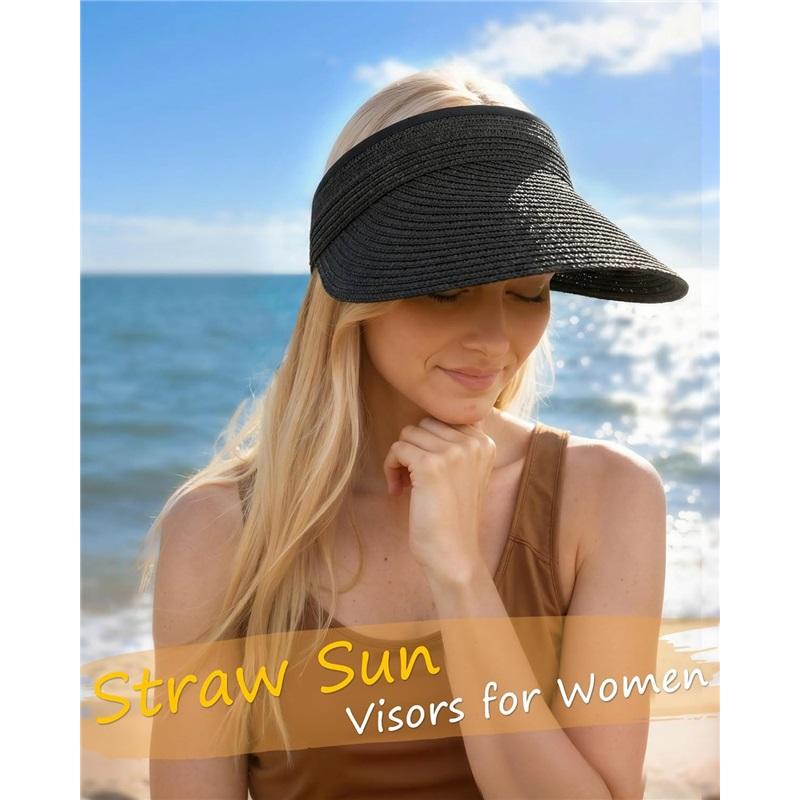 Fashion Sun Hats Visor for Women, Straw Beach Hat Adjustable Wide Brim Ponytail Packable for Summer Travel UPF 50