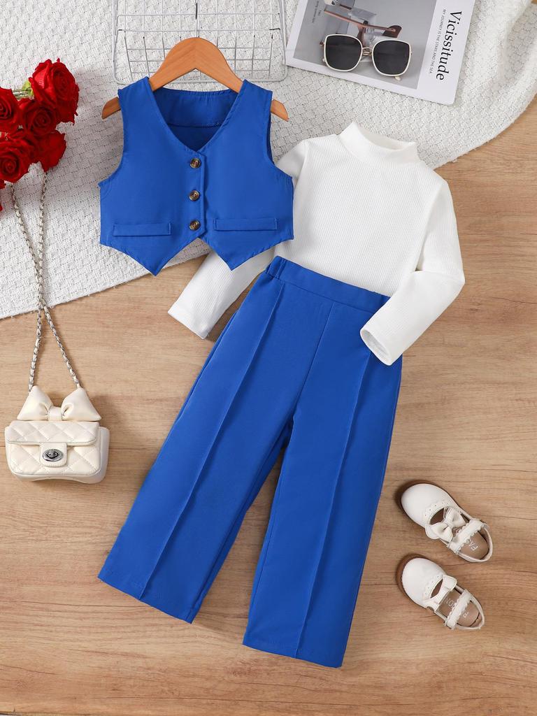 British Style Girls' V-Neck Suit Set: Includes Solid Base Layer & Trousers