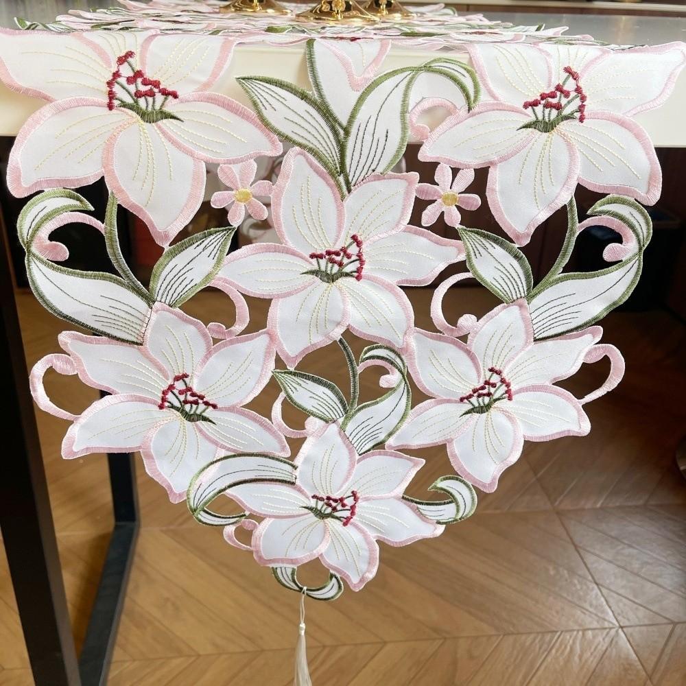 Hollow Design Embroidered Table Runner with Tassel Flower Table Mat Tablecloth Holiday Party