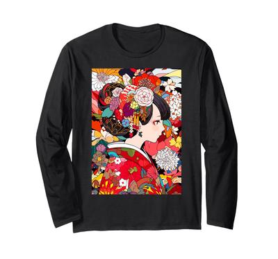 Kimono Girl Floral Minimalist Japanese Pattern Art Long Sleeve T-Shirt