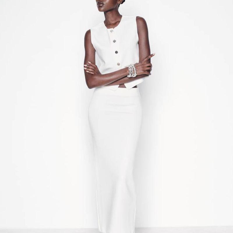 Spring Decorated Row Button Stretch Knitting Vest 5584664 Slit Design Knitting Midi Dress for Women 5584665