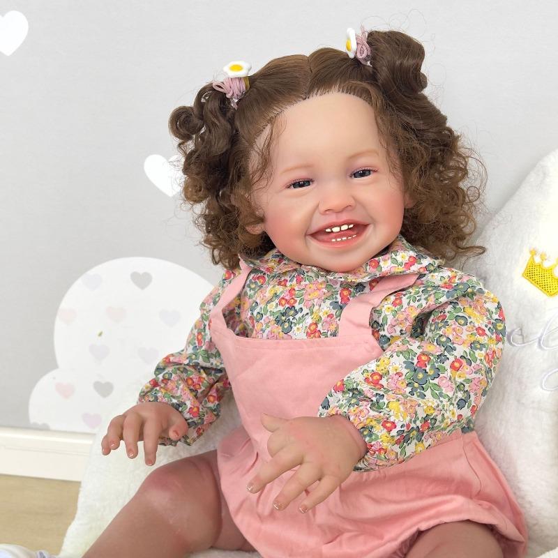 Lebensechte Reborn-Puppe Mila mit bemalter 3D-Haut, 60 cm, Stoffkörper mit PP-Baumwolle, Simulationspuppe, echt aussehende, glücklich lächelnde Babypuppen für Kinder, Weihnachtsgeschenk