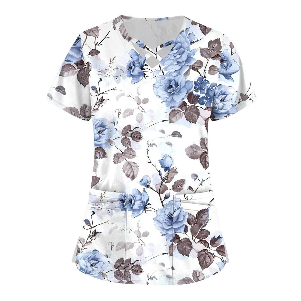 Top de Enfermera de Manga Corta con Cuello en V Escalonado, Estampado y Bolsillo