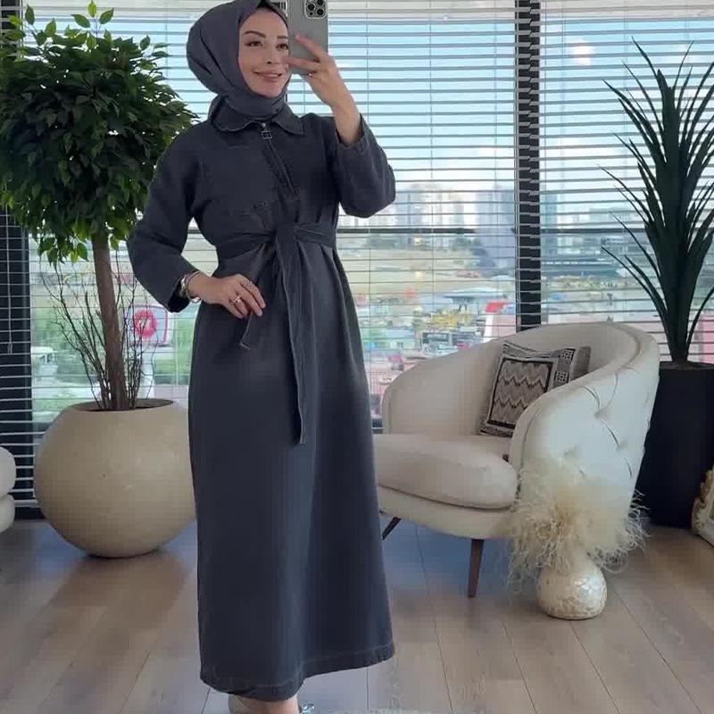 2024 Autumn Mid-Length Denim Dress: Women's Solid Color Turn-Down Collar Casua