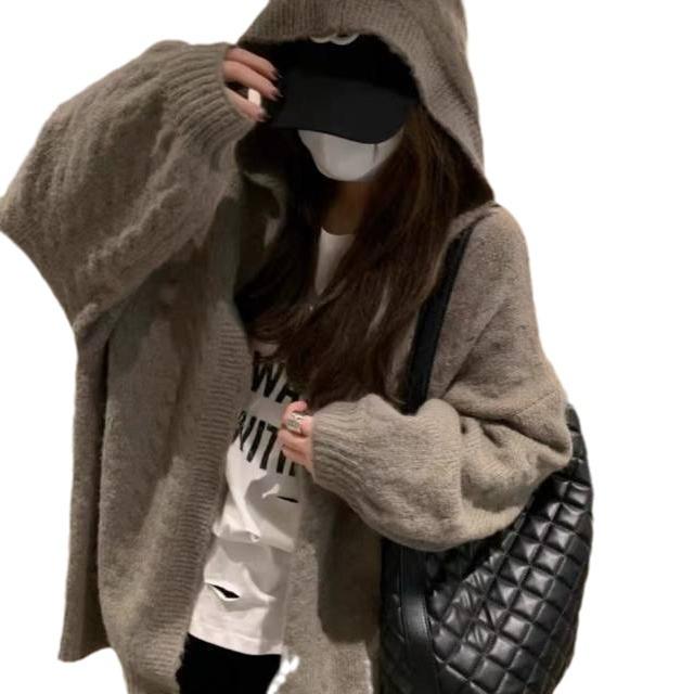 2024 Autumn-Winter Cozy Loose Lantern Sleeve Hooded Cardigan for Women