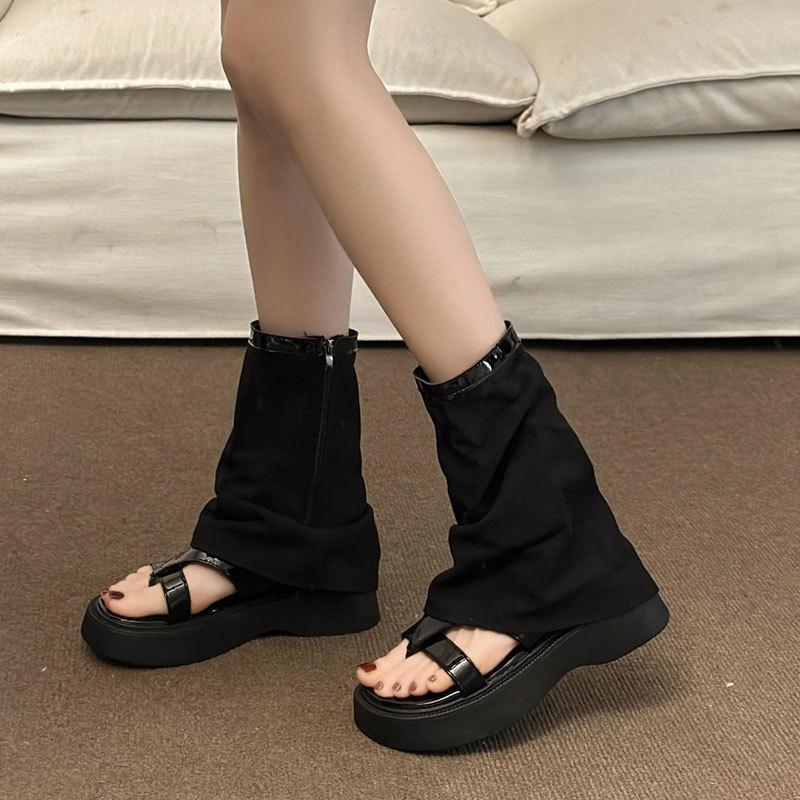 Spring and Summer New Sandals Women's Thick-soled Heightening Trouser Boots Niche Roman Shoes Pinch Feet Retro Cool Boots Short Boots