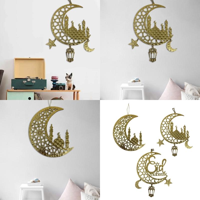 Eid Mubarak Home Decoration Golden Moon and Star Wood Holiday Pendant Decorative Hanging Ornament for Home Office