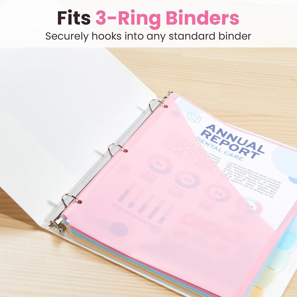 8 Tabs A4 Size 3 Ring Binder Dividers Waterproof Plastic File Index Pages Double-Pocket Index Dividers