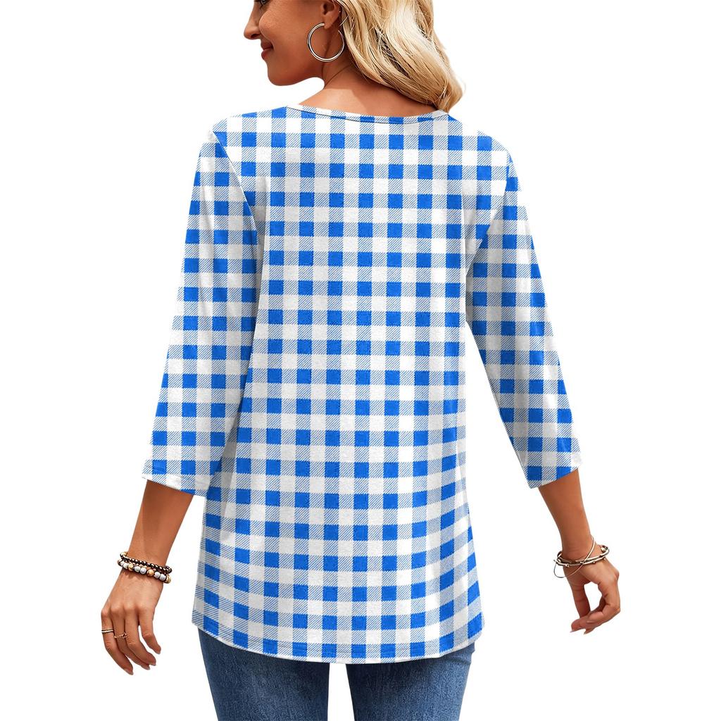 Women's Casual Floral Print V-Neck Three-Quarter Sleeve Blouse for Spring and Summer