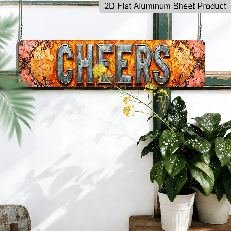 2D Flat, 1pc retro Metallic CHEERS Aluminum Decorative Sign-15.7x3.9 Inch Country Style Decoration with Floral Embellishment, Suitable for Home