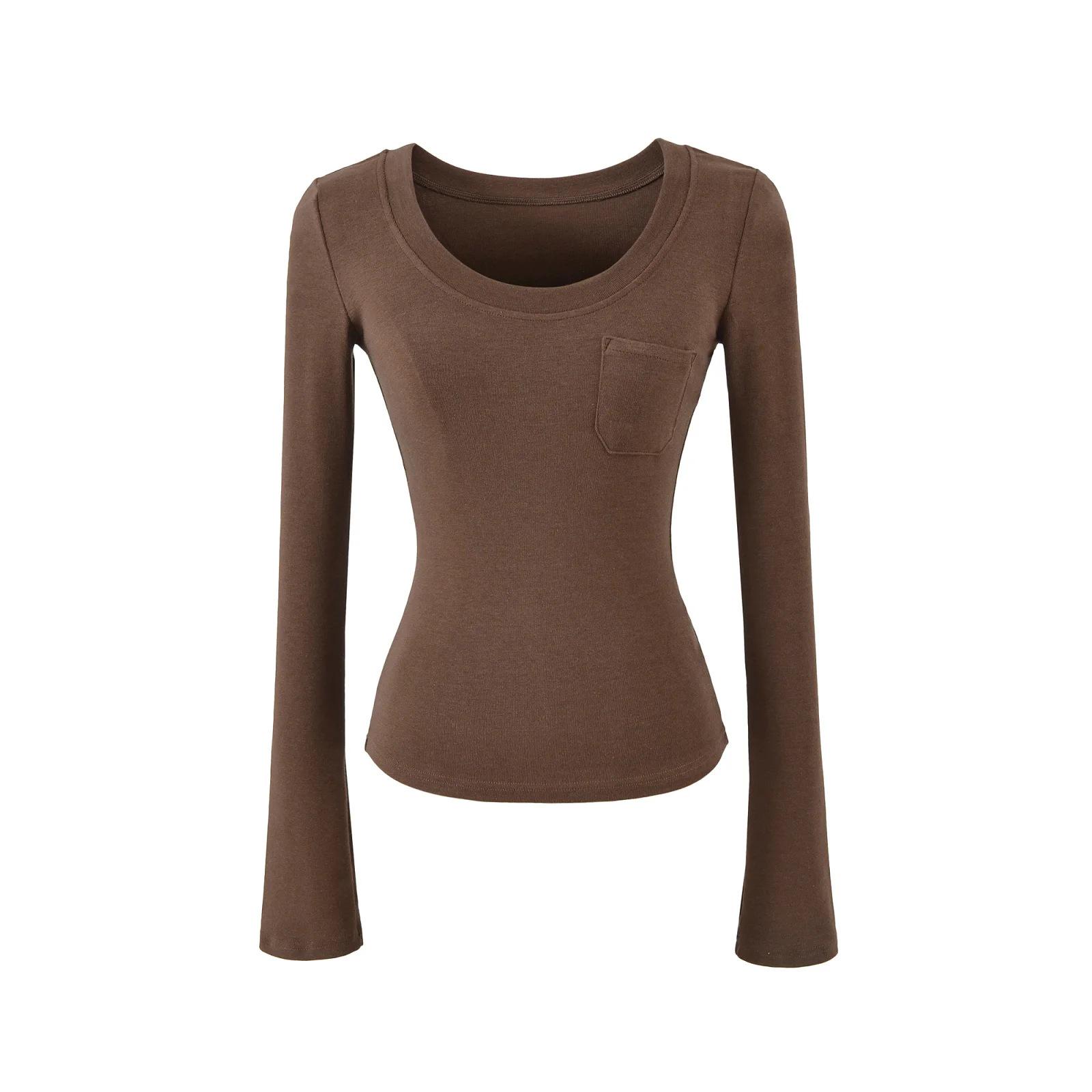 

Spicy Girl Style Sexy Figure-Hugging Long Sleeve Round Neck T-Shirt for Women - Spring 2026 Trendy Slimming Top Small кофейный
