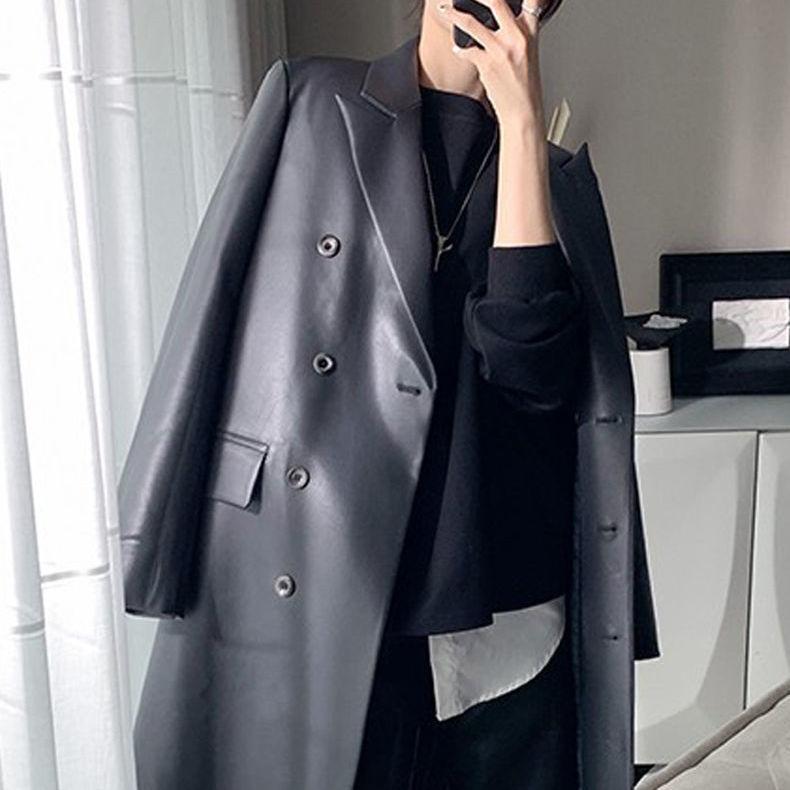 Autumn and winter new Haining imitation sheepskin leather jacket women's medium and long cotton suit collar leather trench coat jacket has large size