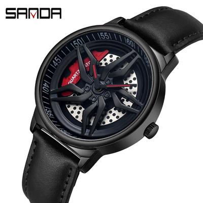 SANDA New Personality Cool Men's Quartz Watch Car Rotation Dial Casual Waterproof Belt Watch