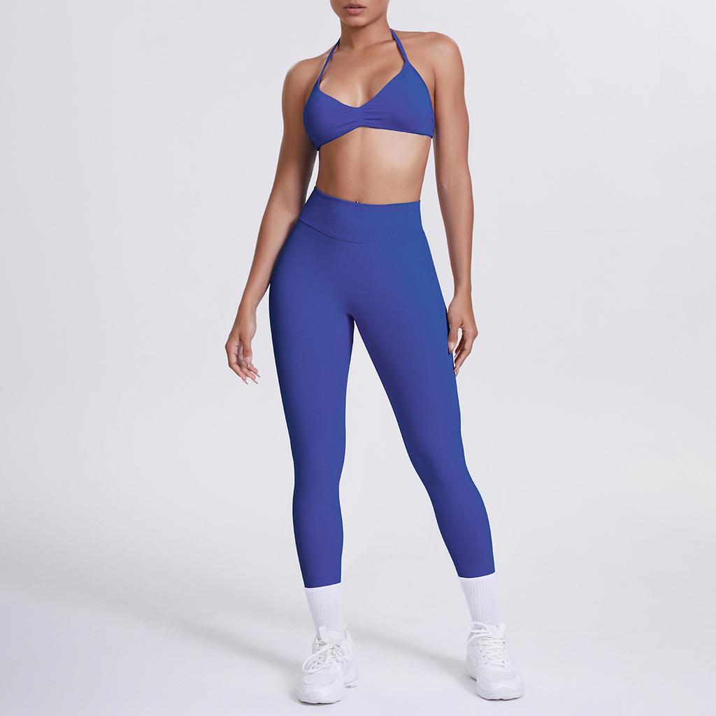Seamless solid color beautiful back neck bra trousers yoga suit set tight running fitness two-piece set