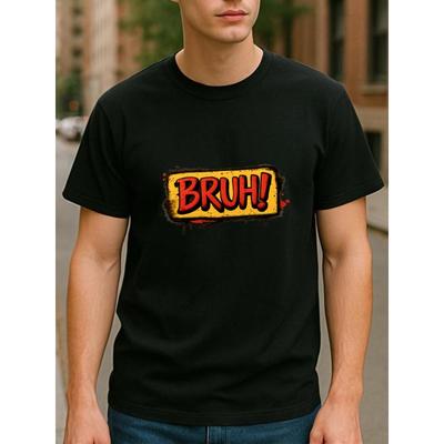 Europäische Größen BRUH Graffiti-Stil Print Herren-T-Shirt | Bequeme und atmungsaktive Freizeit-Sportbekleidung mit Rundhalsausschnitt und normalen Ärmeln