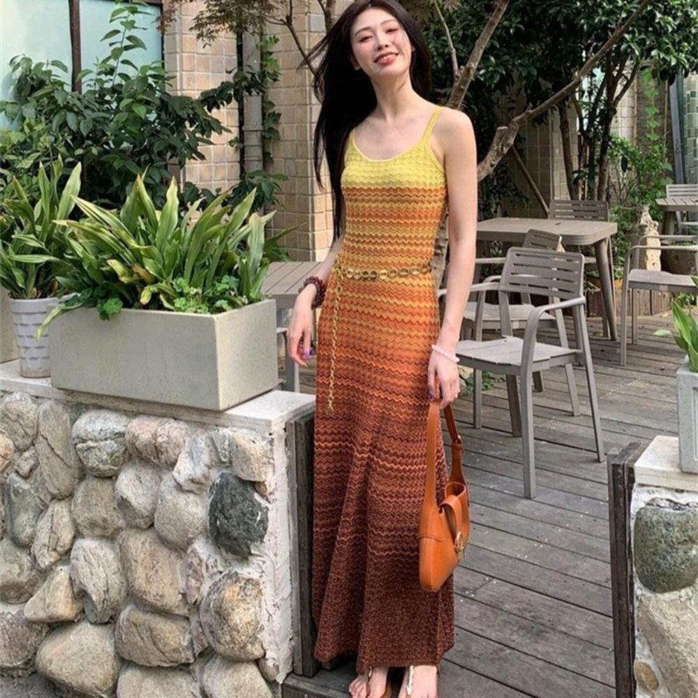 Sweet Spaghetti Strap Knit Dress 2026 Summer Beach Resort Style Trendy Gradient Color Dress