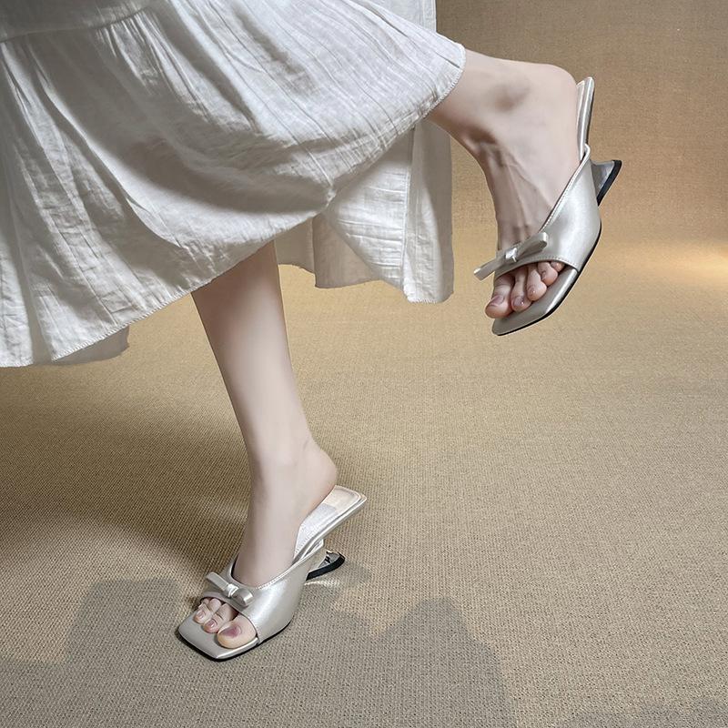 Gentle Wedge Heel One-word Slippers Women's Shoes Summer Wear New Bow High Heel Cool Slippers