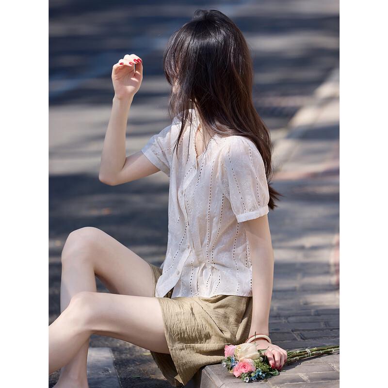 Women's Pleated Hollow Out Short Sleeve Blouse