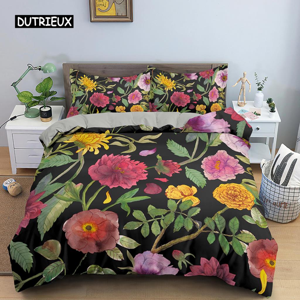 Vintage Blume König Königin Bettbezug, Pfingstrose Sonnenblume Bettwäsche-Set, Tropischer Blumen Steppdeckenbezug Boho Bettdeckenbezug