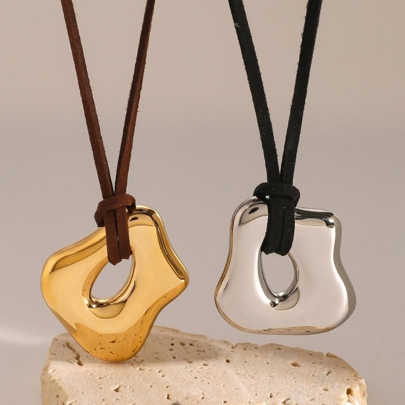 Trendy Irregular Geometric Metal Pendant Necklace Stylish Wax Rope Neckchain Handmade Jewelry Gift for Women Girls