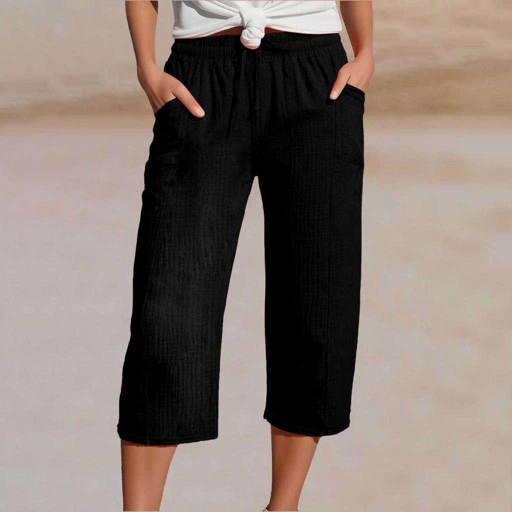 Women's Summer 3/4 Trousers  Summer Trousers With Pockets Causal Loose Trousers Fabric Trousers Sport Leisure Beach Trousers