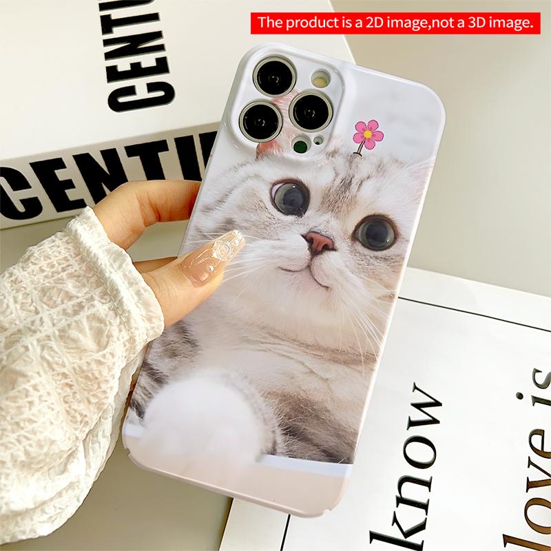 2DFlat Cute Cat with Pink Flower Emoji Phone Case All inclusive film hard iPhone case, compatible with iPhone 18 Pro Max 17 16 15 14 13 12 11