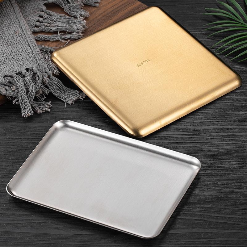 Korean Style Gold 304 Stainless Steel Rectangular Tray with Straight Edges: Perfect for Barbecue, Desserts, and Cakes
